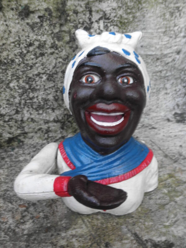 Spaarpot gietijzer vrouw blauwe stip